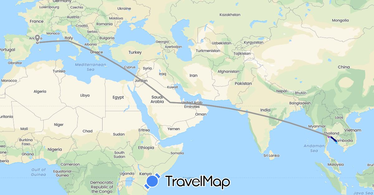 TravelMap itinerary: driving, bus, plane, train, boat in Spain, Italy, Saudi Arabia, Thailand (Asia, Europe)